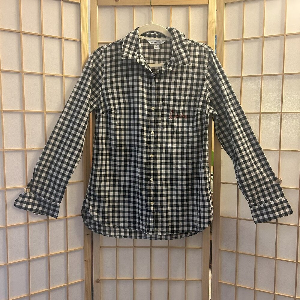 Old Navy black and white checked gingham classic shirt embroidery women's M